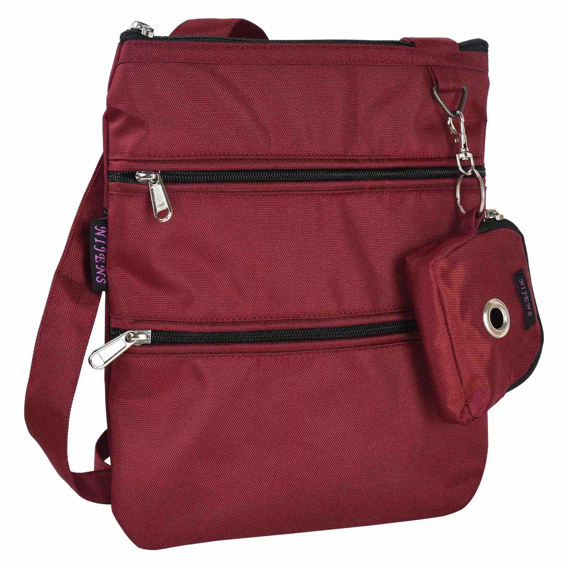 Gassi-Umhängetasche aus wasserabweisenden Stoff Rot mit 4 Reißverschlusstaschen und einer extra kleinen Beuteltasche für Hundekotbeutel zum Anhängen.