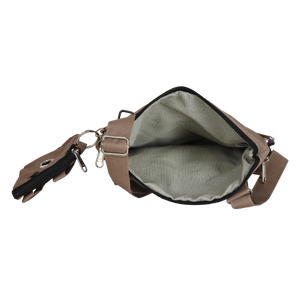 Gassi-Umhängetasche aus wasserabweisenden Stoff Beige mit großem Reißverschlussfach für Wertsachen.