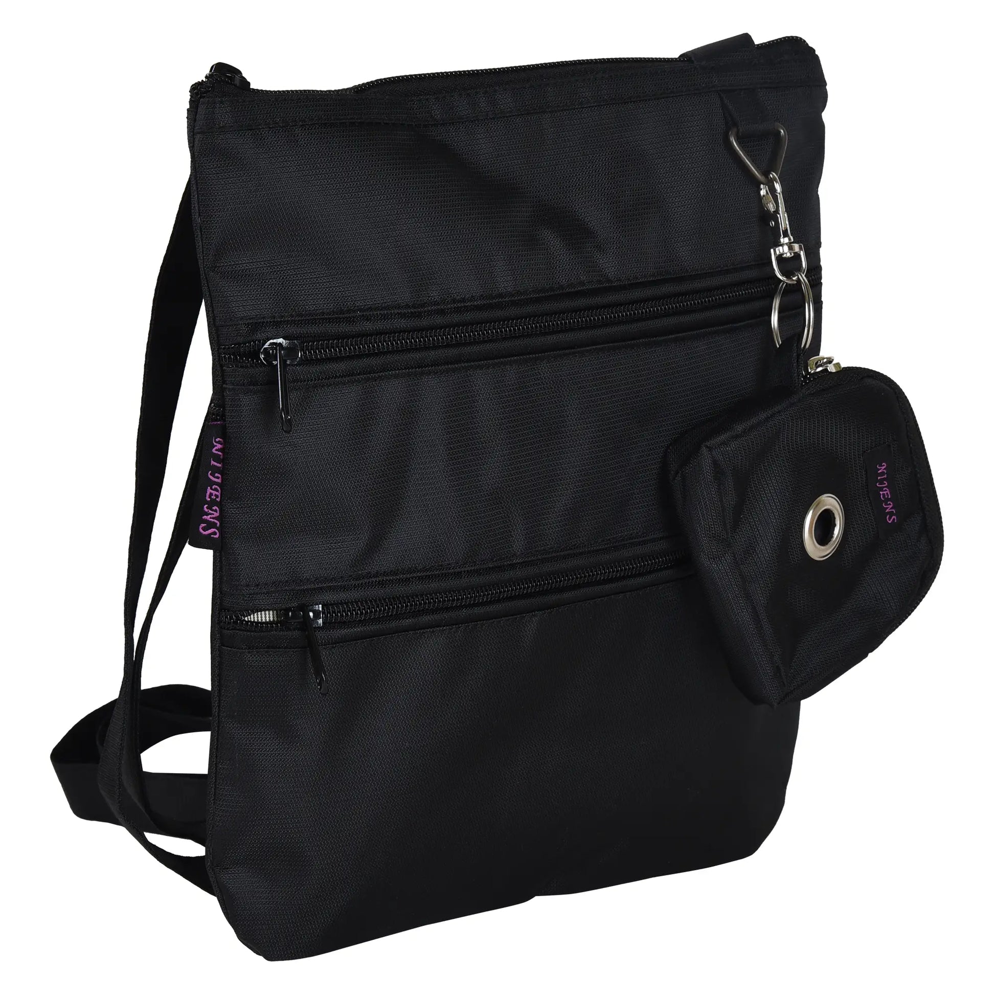 Gassi-Umhängetasche aus wasserabweisenden Stoff schwarz mit 4 Reißverschlusstaschen und einer extra kleinen Beuteltasche für Hundekotbeutel zum Anhängen.
