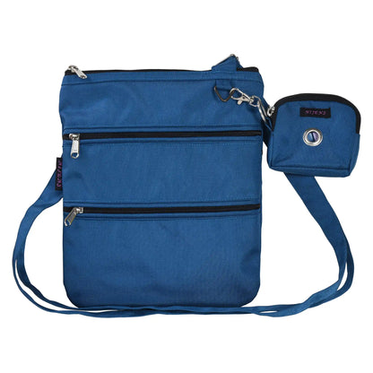 Gassi-Umhängetasche aus wasserabweisenden Stoff Blau mit 4 Reißverschlusstaschen und einer extra kleinen Beuteltasche für Hundekotbeutel zum Anhängen.