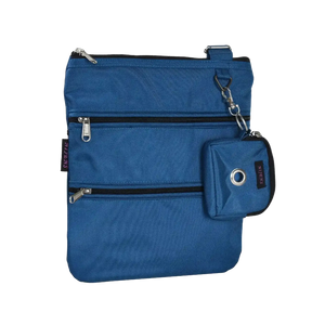 Gassi-Umhängetasche aus wasserabweisenden Stoff Blau mit einem großen Reißverschlusshauptfach, zwei Reißverschlussfächer vorne und einem Reißverschluss hinten. Extra kleine Beuteltschen zum Anhängen mit Metallöse zur Entnahme von Hundekotbeutel.