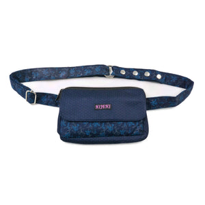 Kleine Beuteltasche, Bauchtasche mit Punkten und floralen Ornamenten in Dunkelblau.