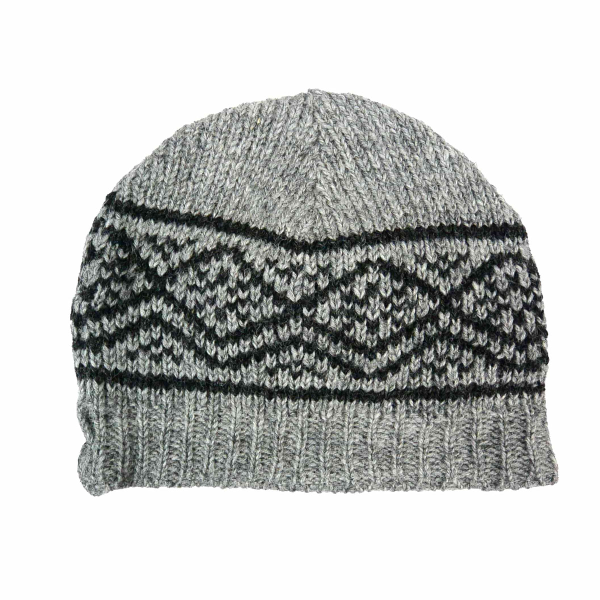 Graue Wollmütze aus Schurwolle mit schwarzem Jacquardmuster und breitem Rippbund, warme Beanie von Nijens.