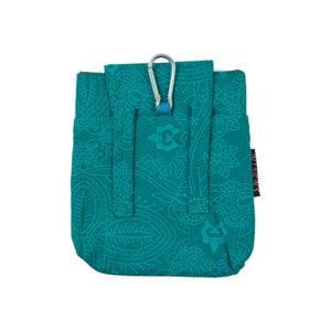 Rückseite der Baza Leckerli-Tasche in Türkis: Canvas-Material, Karabiner & Gürtelschlaufen für flexible Befestigung.