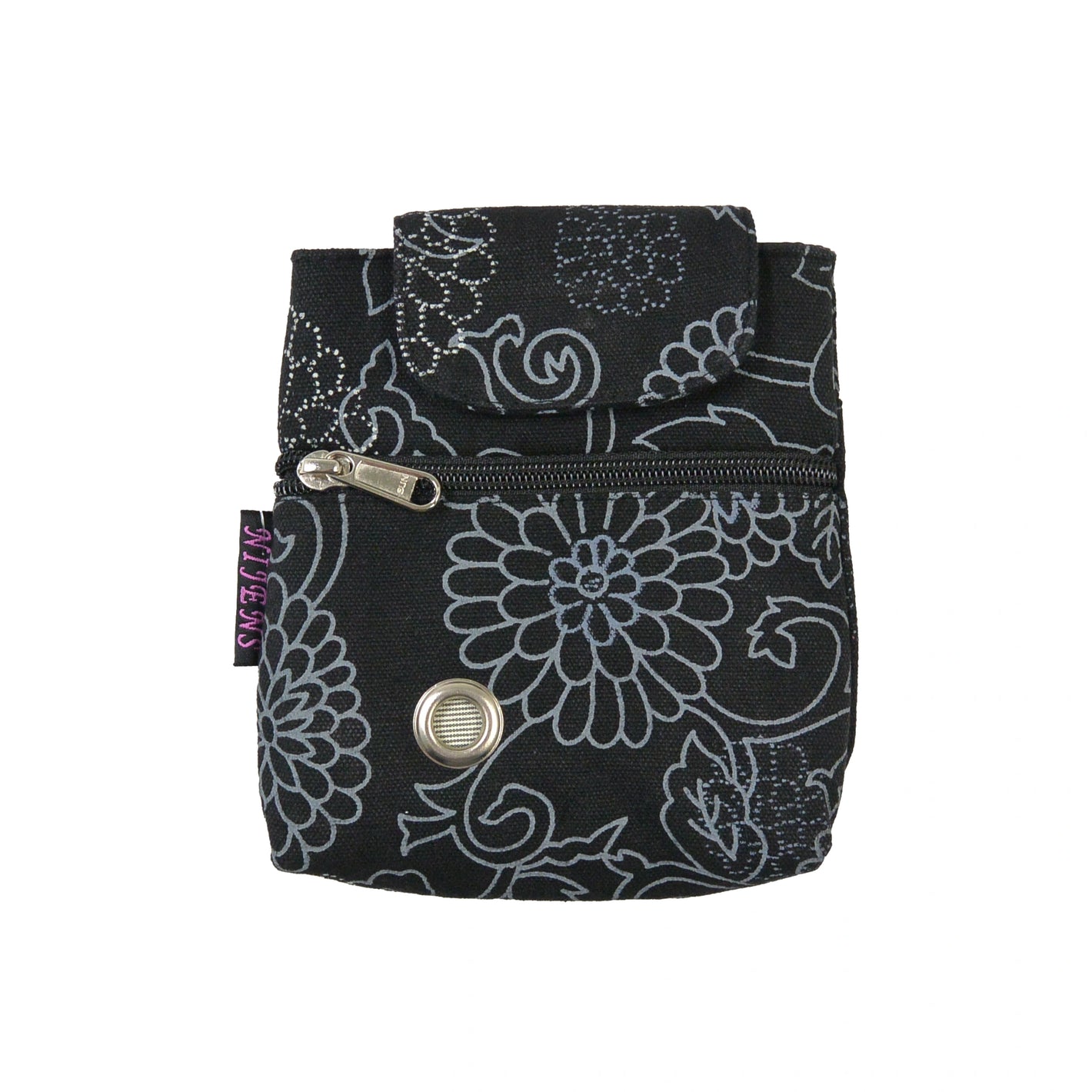 Baza Canvas Leckerli-Tasche in Schwarz mit grauem Blumenmuster und Metallöse als Kotbeutelspender