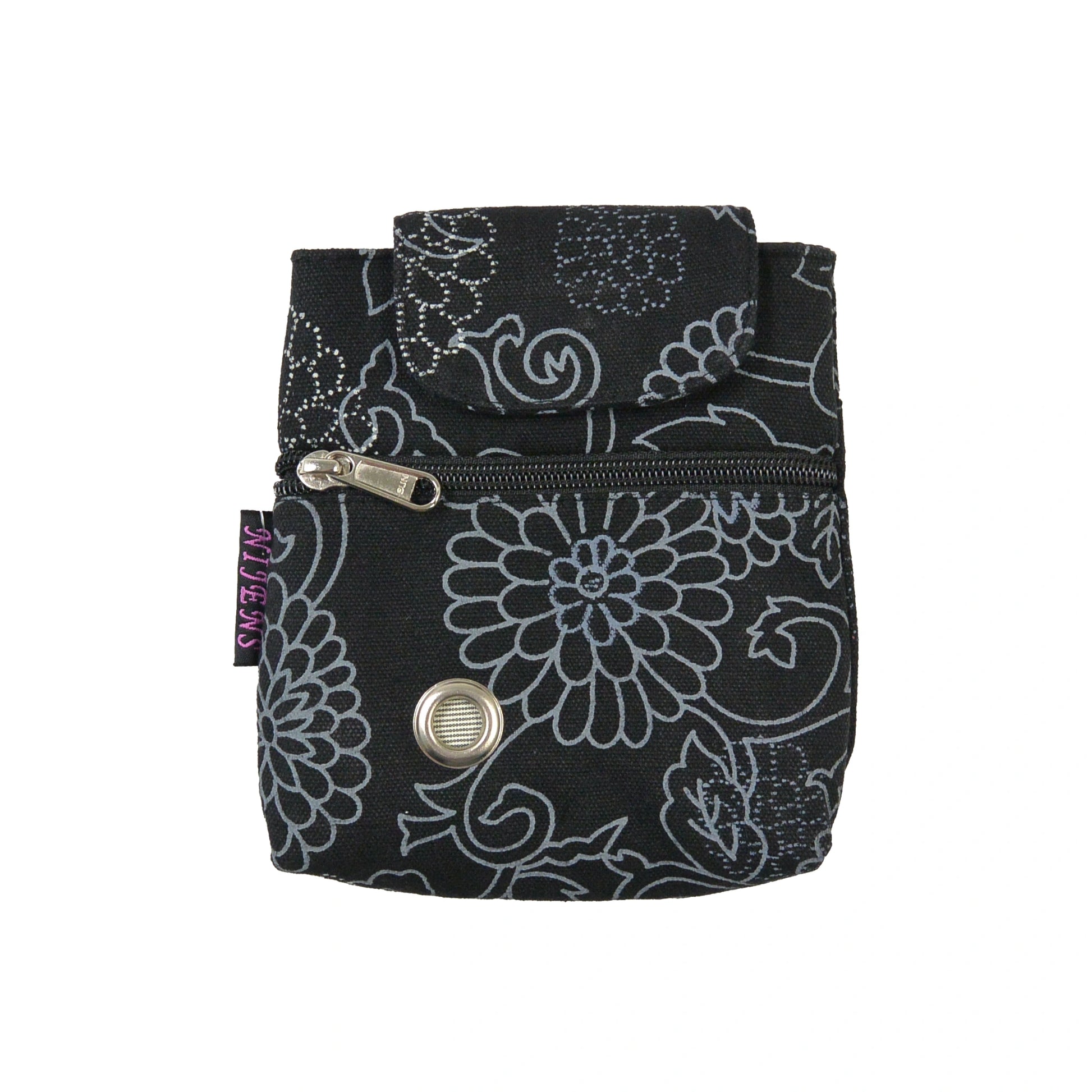 Baza Canvas Leckerli-Tasche in Schwarz mit grauem Blumenmuster und Metallöse als Kotbeutelspender