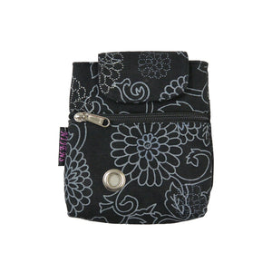 Baza Canvas Leckerli-Tasche in Schwarz mit grauem Blumenmuster und Metallöse als Kotbeutelspender