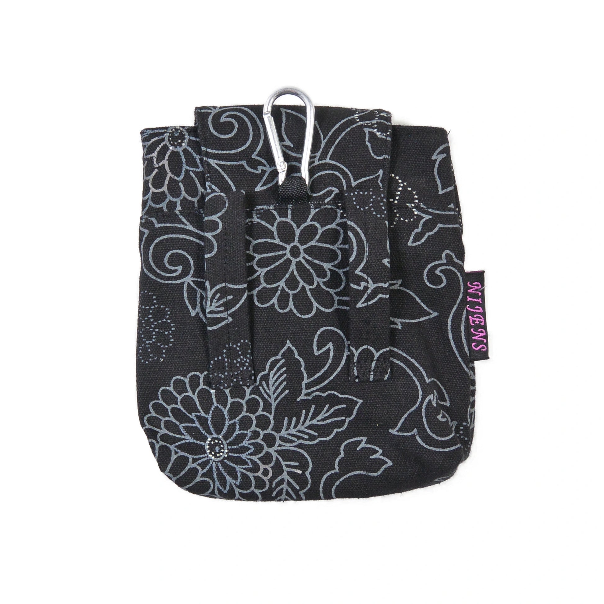 Baza Canvas Leckerli-Tasche in Schwarz mit grauem Blumenmuster und Karabiner