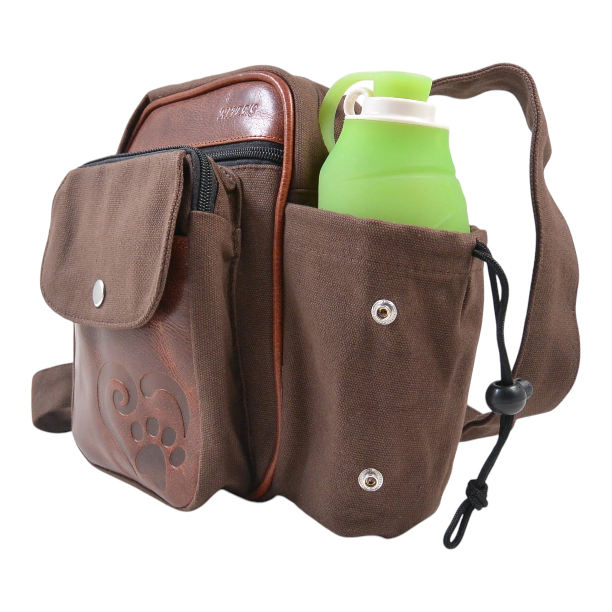 Braune Nijens Gassitasche Konstanz aus Canvas und Leder mit praktischem Flaschenfach für Trinkflasche und Hundezubehör.