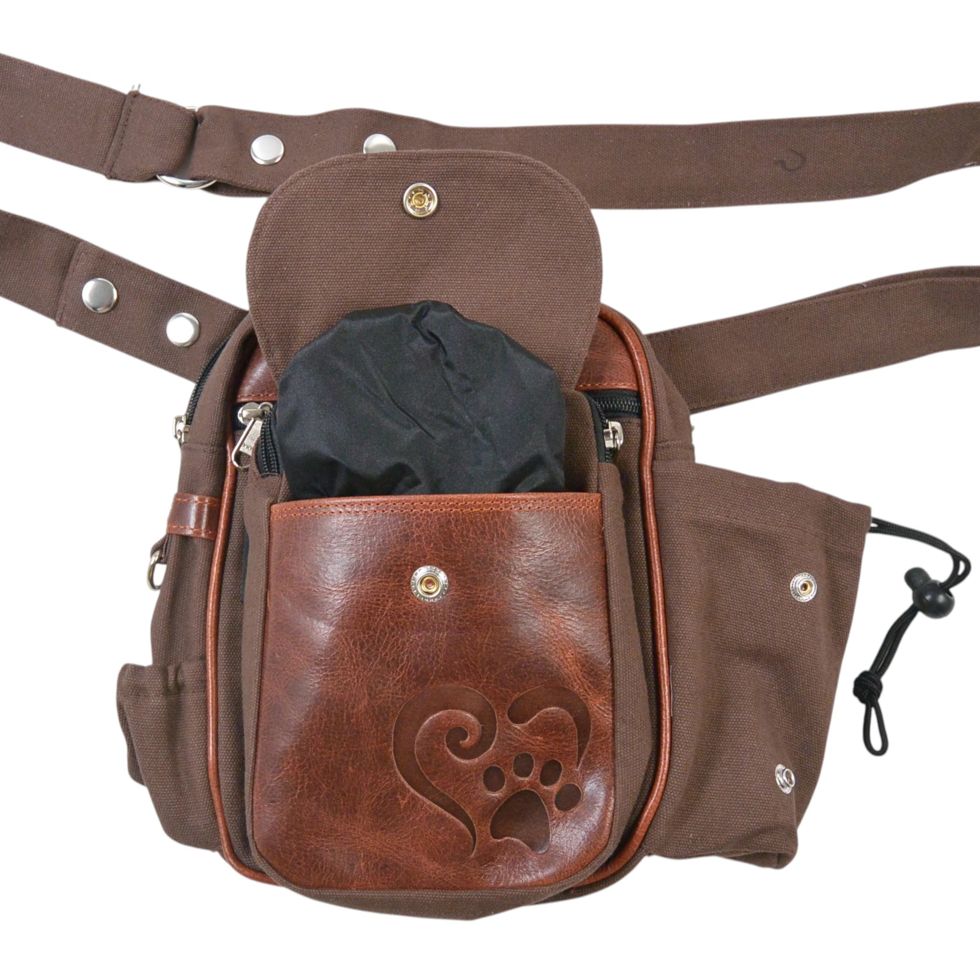 Nijens Gassitasche Konstanz aus Canvas und Leder mit ausziehbarem Leckerli-Fach, wasserabweisendem Innenfutter, Flaschenhalter und Kotbeutelspender für Hundespaziergänge.