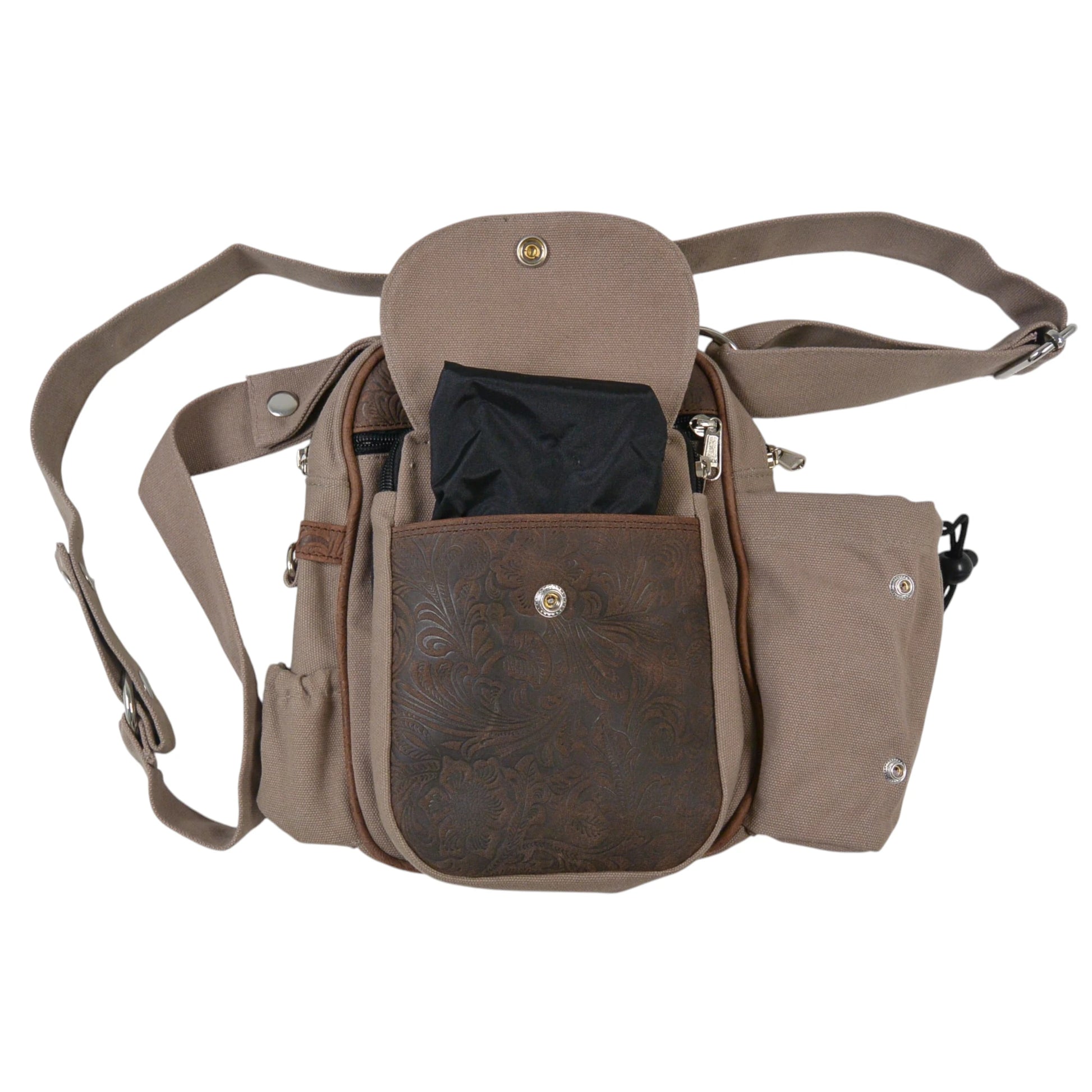 Nijens Gassitasche Konstanz aus Canvas Beige und Leder Braun mit ausziehbarem Leckerli-Fach, wasserabweisendem Innenfutter, Flaschenhalter und Kotbeutelspender für Hundespaziergänge.