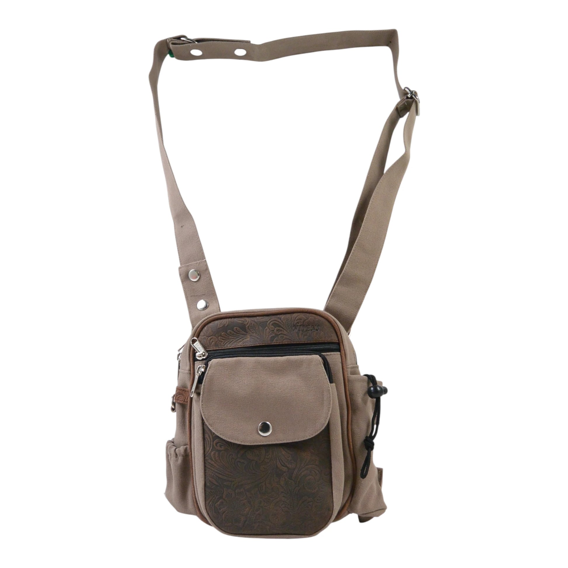 Nijens Gassitasche aus Canvas Beige und Leder mit Pfote-Herz-Motiv, verstellbarem Schultergurt und integriertem Flaschenhalter.
