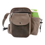 Gassitasche Konstanz Beige-Braun mit Blumenprägung mit mehreren Fächern für Handy, Leckerlis, Kotbeutel und Trinkflasche.