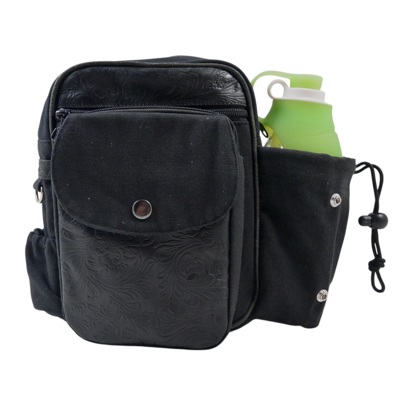 Schwarze Nijens Gassitasche Konstanz aus Canvas und Leder mit geprägtem Blumenmuster und Flaschenhalter