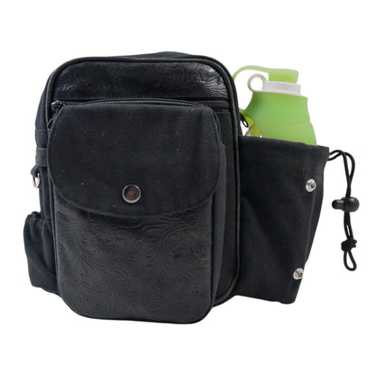 Schwarze Nijens Gassitasche Konstanz aus Canvas und Leder mit geprägtem Blumenmuster und Flaschenhalter
