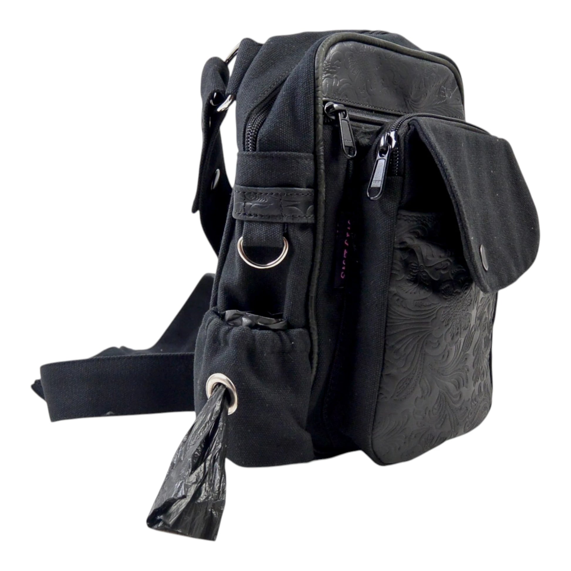 Schwarze Leder-Canvas Gassitasche mit Kotbeutelspender, D-Ring und praktischem Flaschenhalter