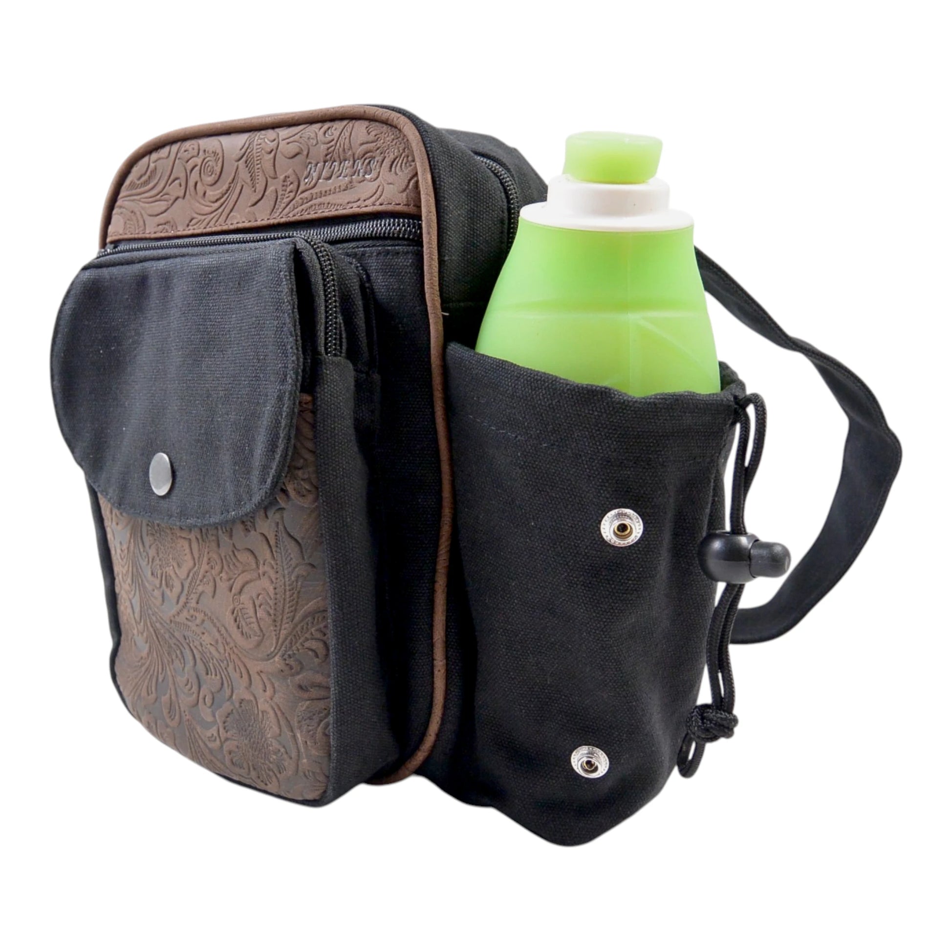 Gassi-Tasche Konstanz aus robustem Canvas mit geprägtem braunem Echtleder, mit Trinkflasche