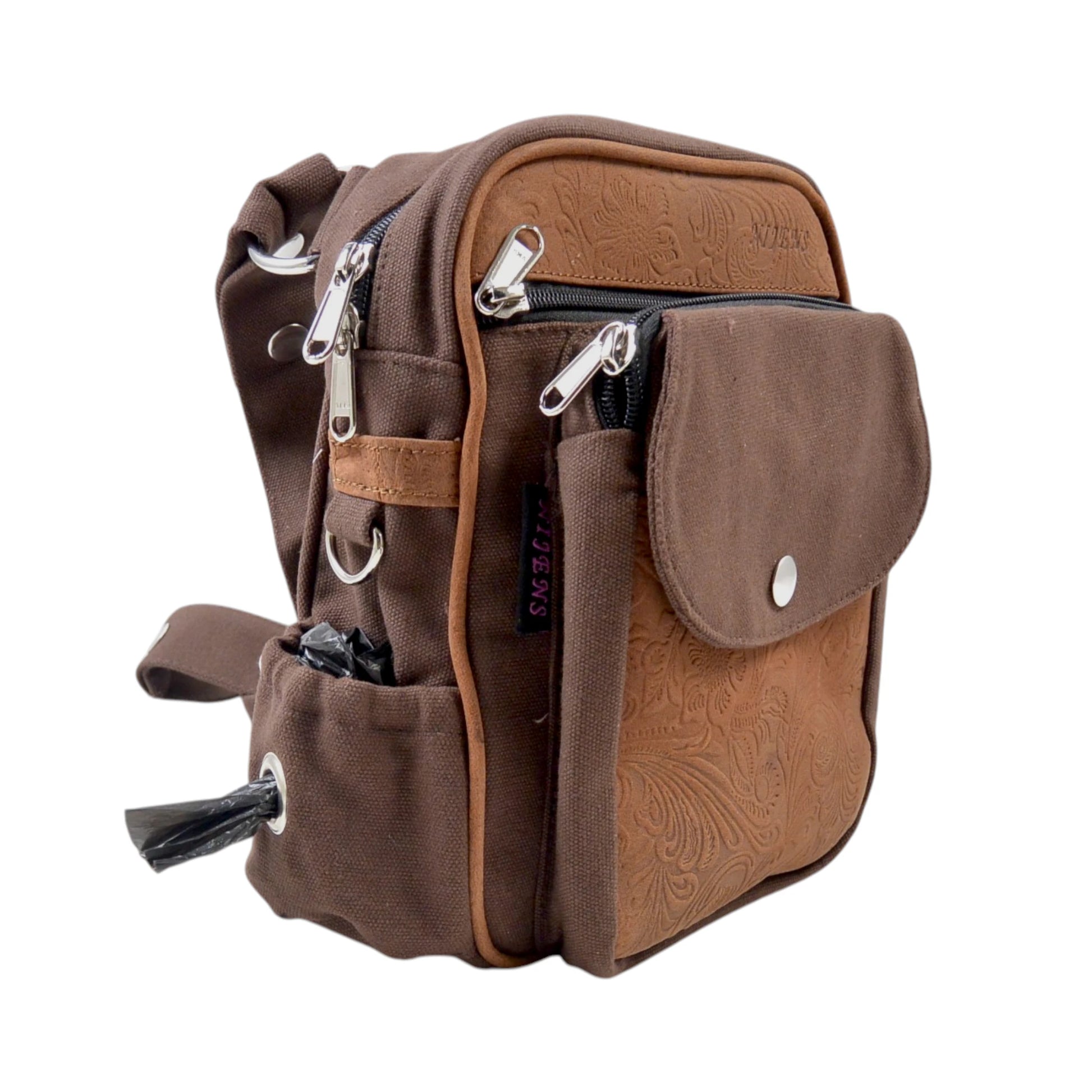 Braune Gassi-Tasche Konstanz von Nijens aus robustem Canvas mit geprägtem Leder, Hundekotbeutel.