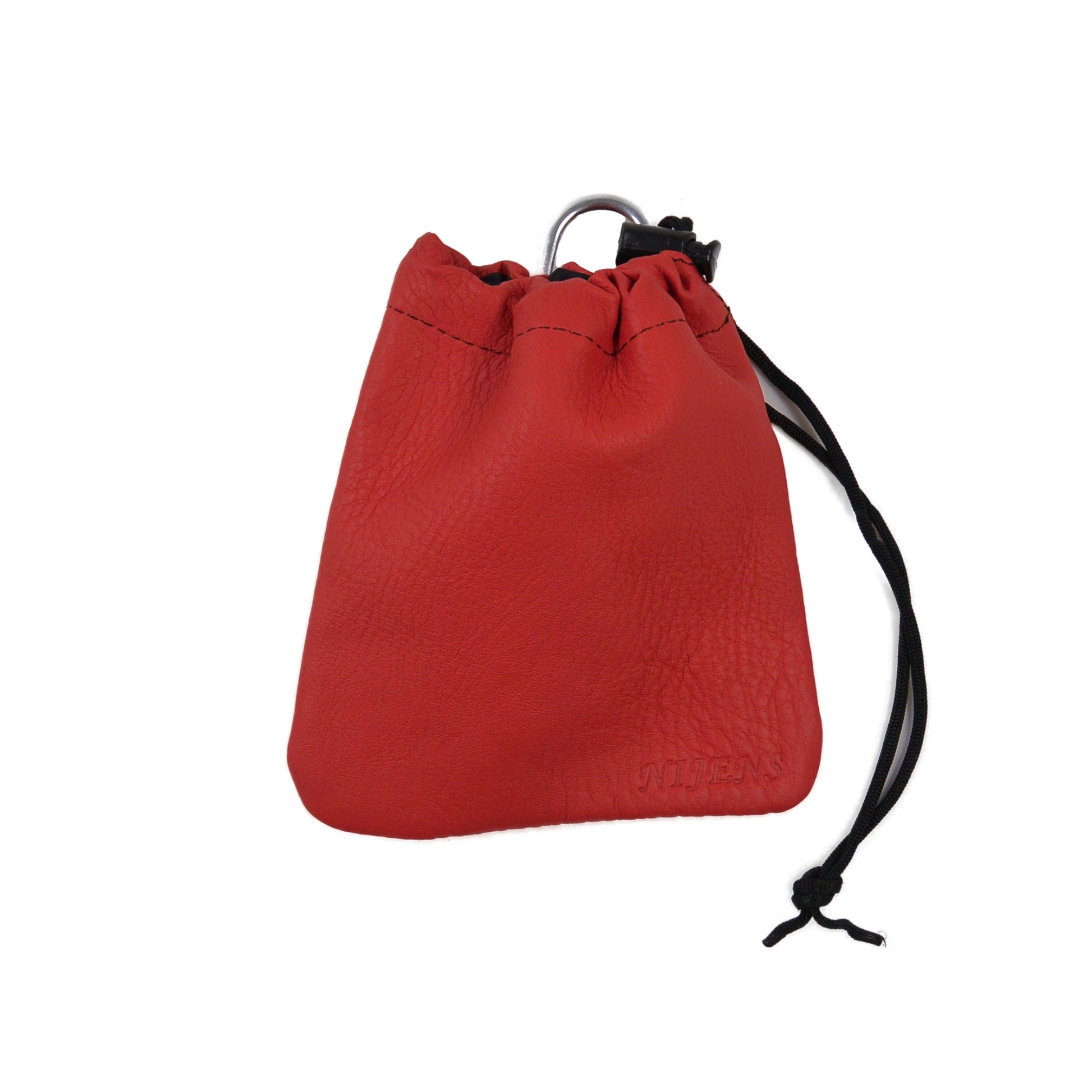 Leder-Leckerlibeutel Cabra in Rot mit Kordelzug und schwarzer Schnur – ideal für Snacks und benutzte Kotbeutel beim Hundespaziergang.