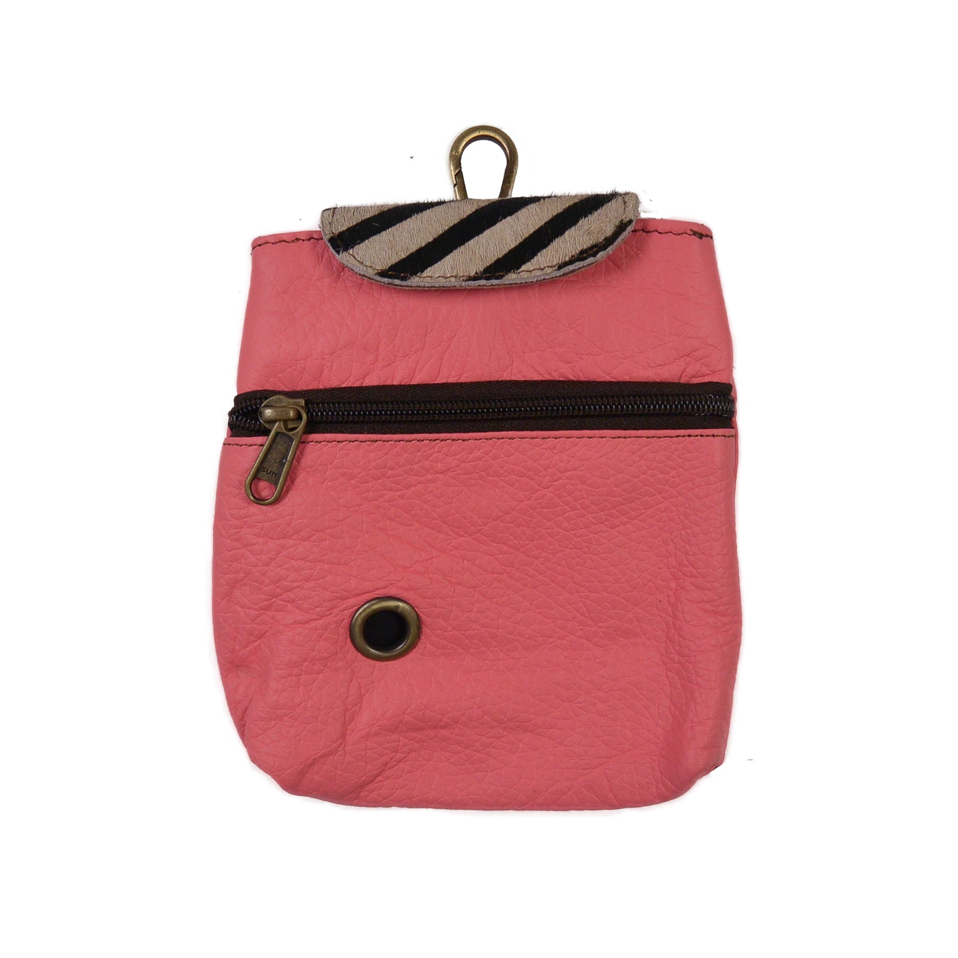 Baza Leder Leckerli-Tasche in Rosa mit Zebra-Kuhfell-Element und Metallöse für Hundekotbeutel