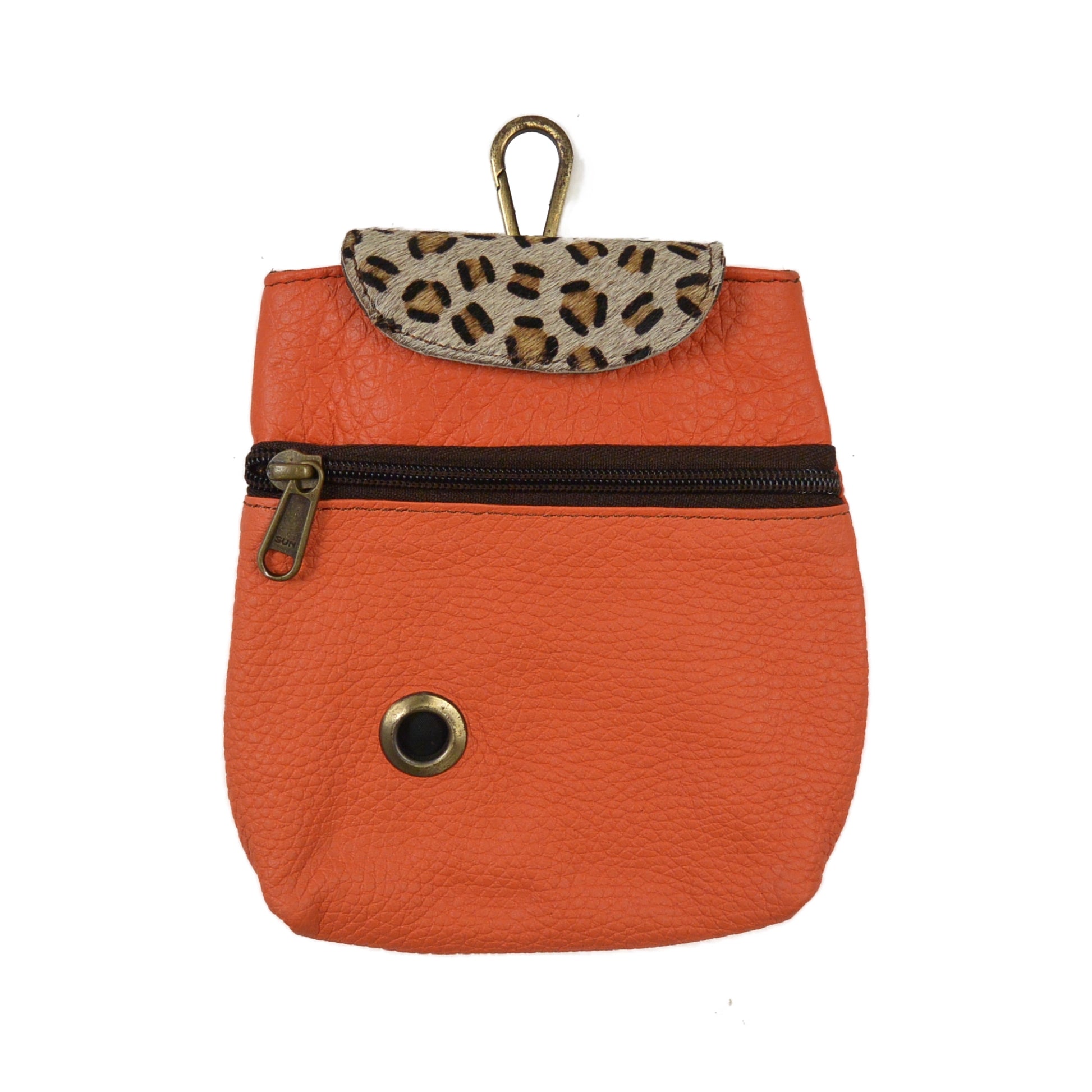 Baza Leder Leckerli-Tasche in Orange mit Leo-Kuhfell-Element und Metallöse für Hundekotbeutel