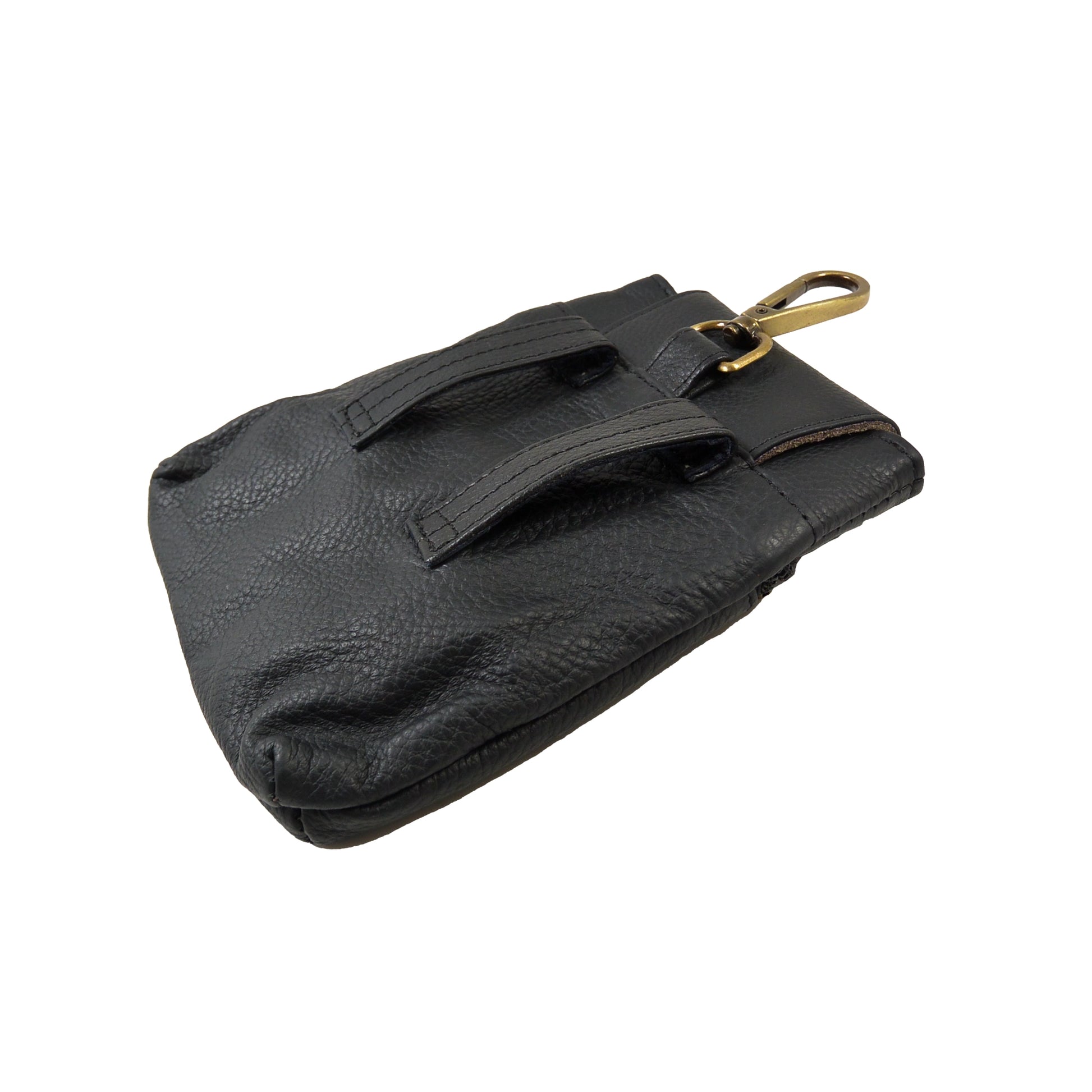 Rückseite der Baza Leder Leckerli-Tasche in Schwarz mit Karabiner und zwei Gürtelschlaufen