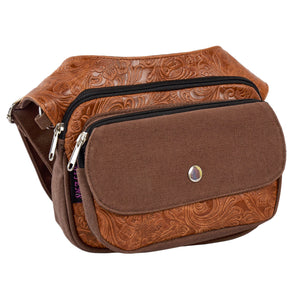 Brandy Hüfttasche aus Leder mit floralem Muster – Vorderansicht mit sichtbaren Fächern und Details.