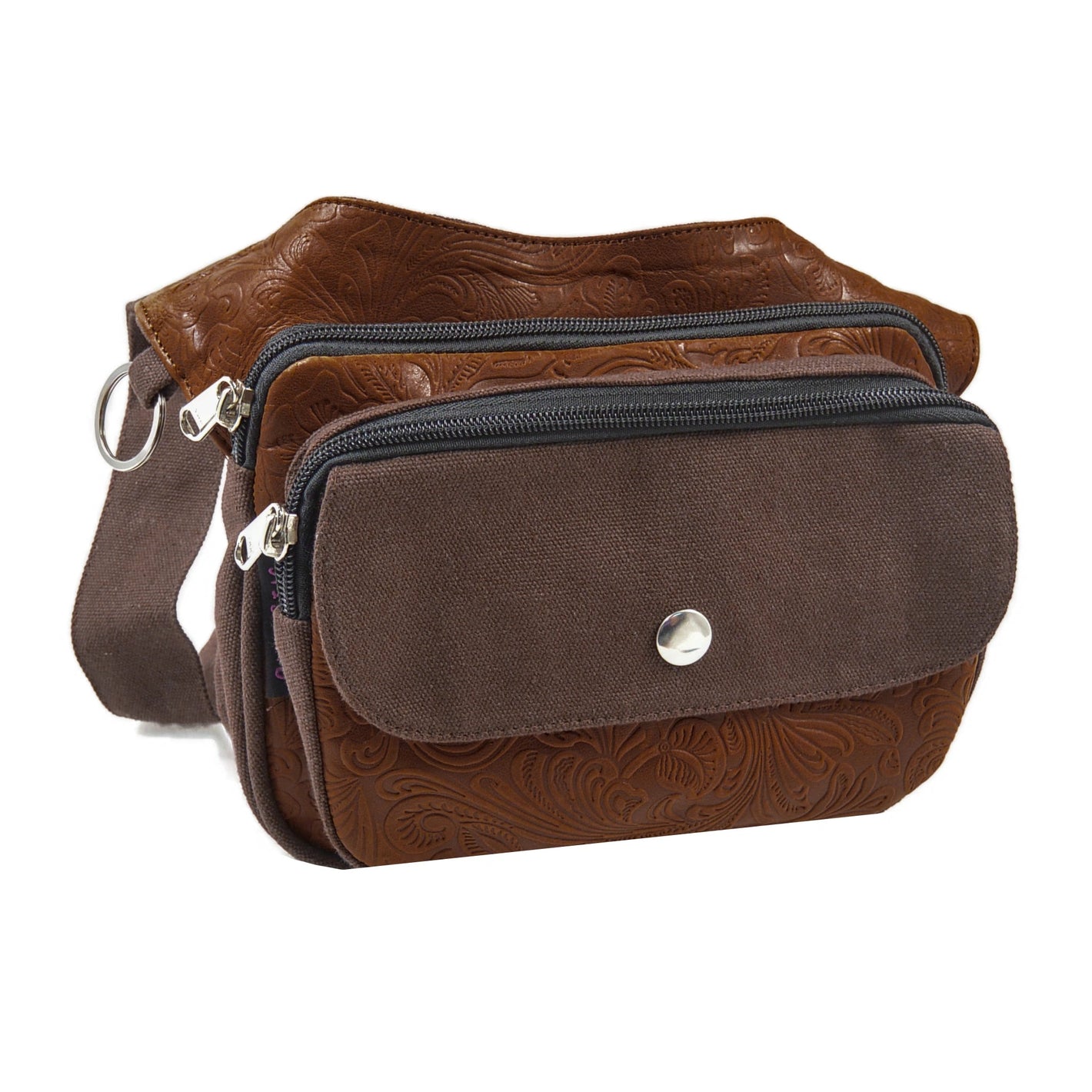 Vorderansicht der Gassitasche Modell Frankfurt mit befestigter Gürtelverlängerung, aus echtem Leder und Canvas in Braun-Brandy.