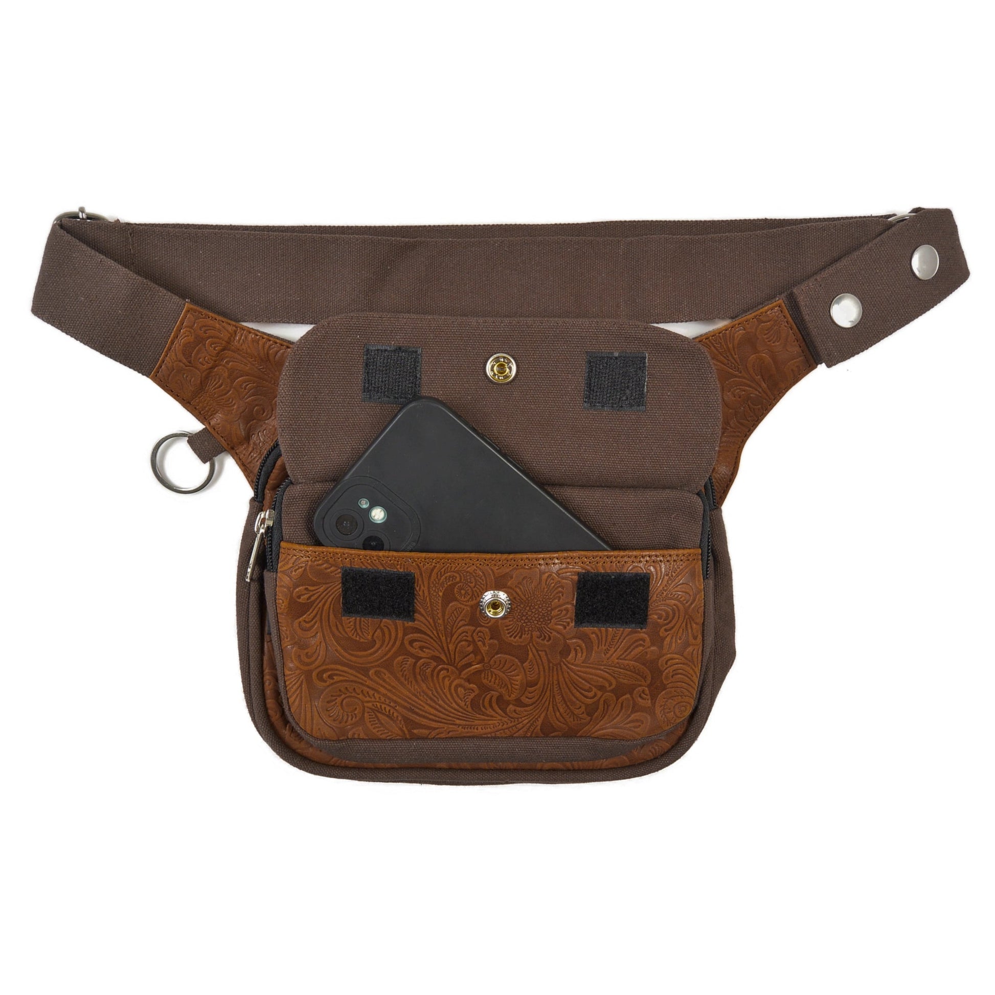 Geöffnete Nijens Bauchtasche Frankfurt mit Klappe und Smartphone im Frontfach, ideal für Hundespaziergänge. Gassi-Tasche Leder Vintage mit Blumenprint -  Frankfurt F-123 Nijens Shop
