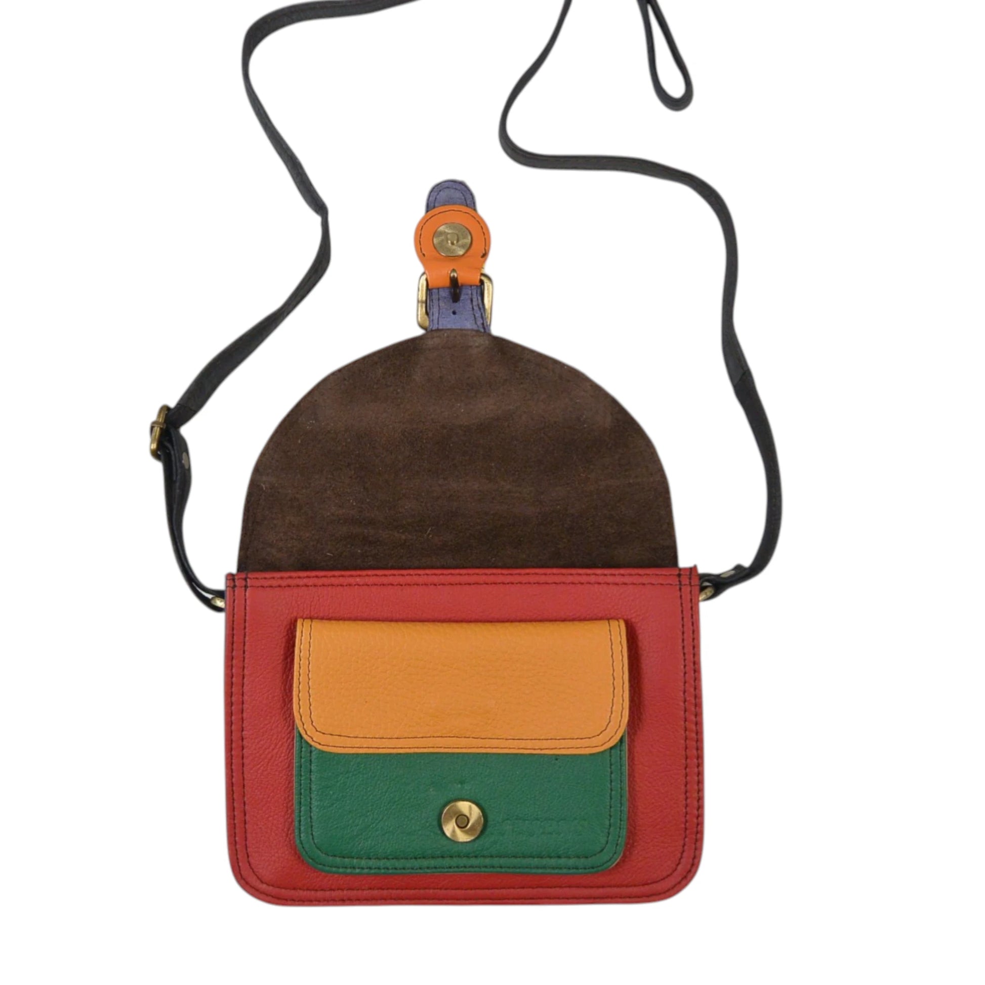 Kleine bunte Leder Umhängetasche mit farbigem Leder in Rot, Orange und Grün sowie verstellbarem Schulterriemen.