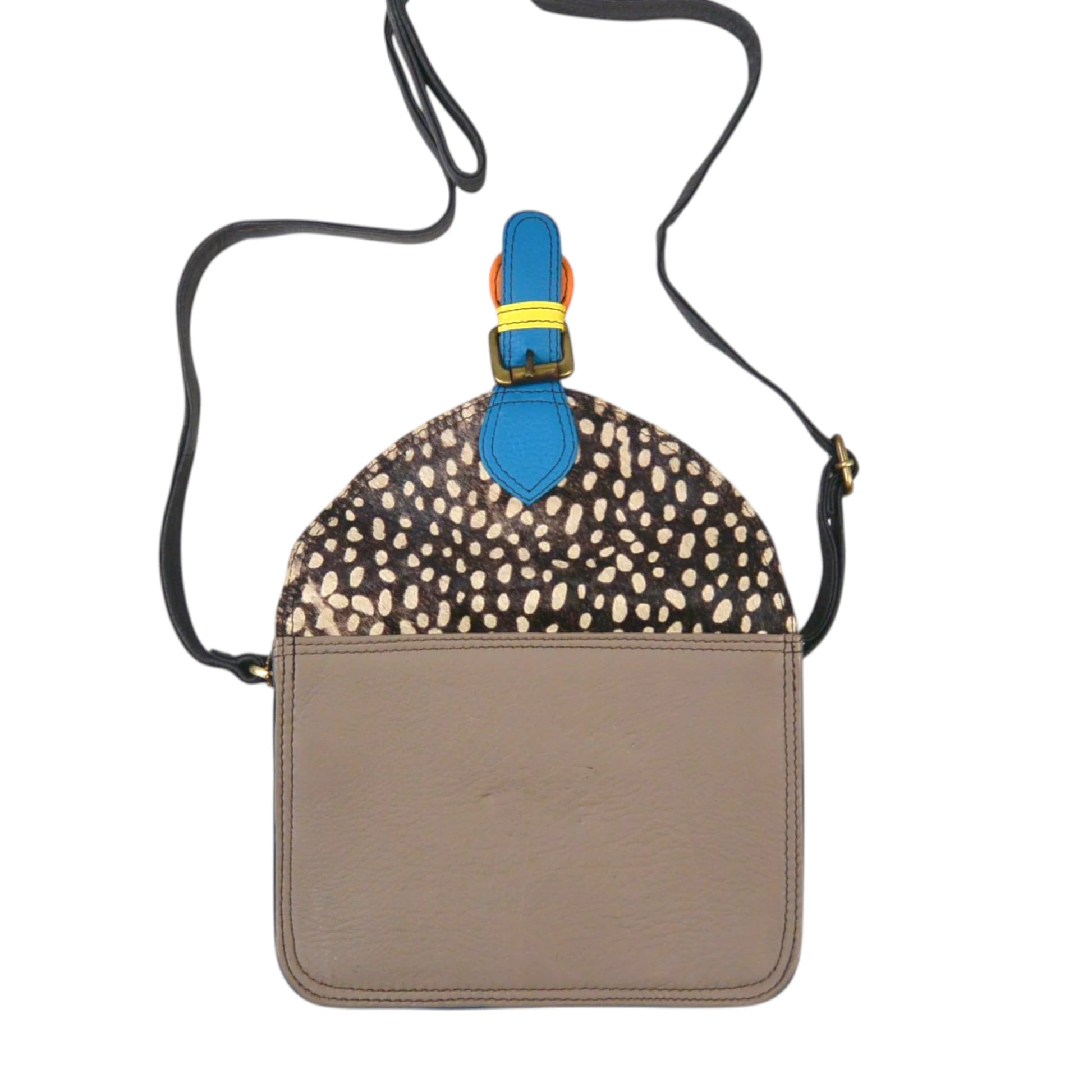 Kleine bunte Leder Umhängetasche mit Gepard-Muster, farbigem Leder in Grau sowie verstellbarem Schulterriemen.