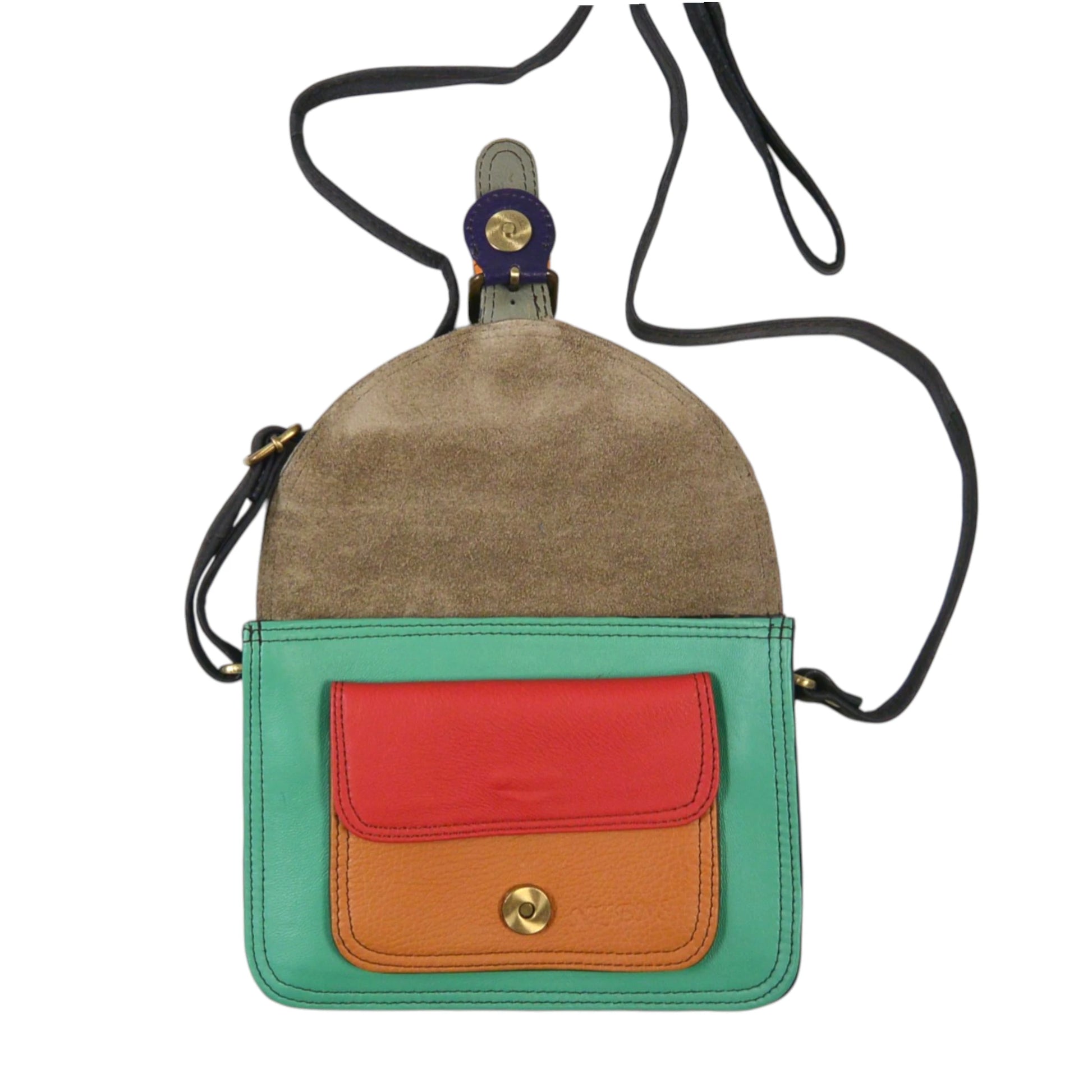 Kleine bunte Leder Umhängetasche mit farbigem Leder in Türkis, Rot, Cognac und Blau sowie verstellbarem Schulterriemen.