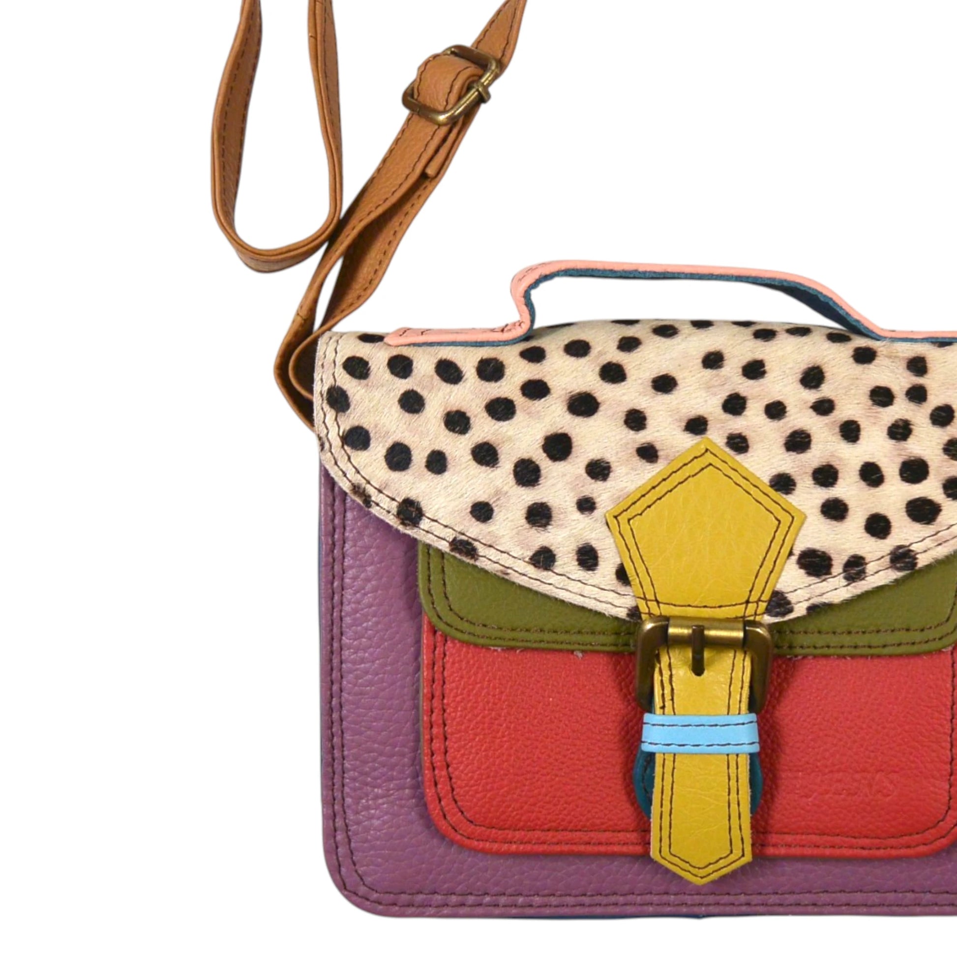 Kleine bunte Leder Umhängetasche mit Gepard-Muster, farbigem Leder in Lila, Rot, und Olivgrün.