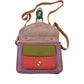 Kleine bunte Leder Umhängetasche mit farbigem Leder in Lila, Rot, und Olivgrün sowie verstellbarem Schulterriemen. 