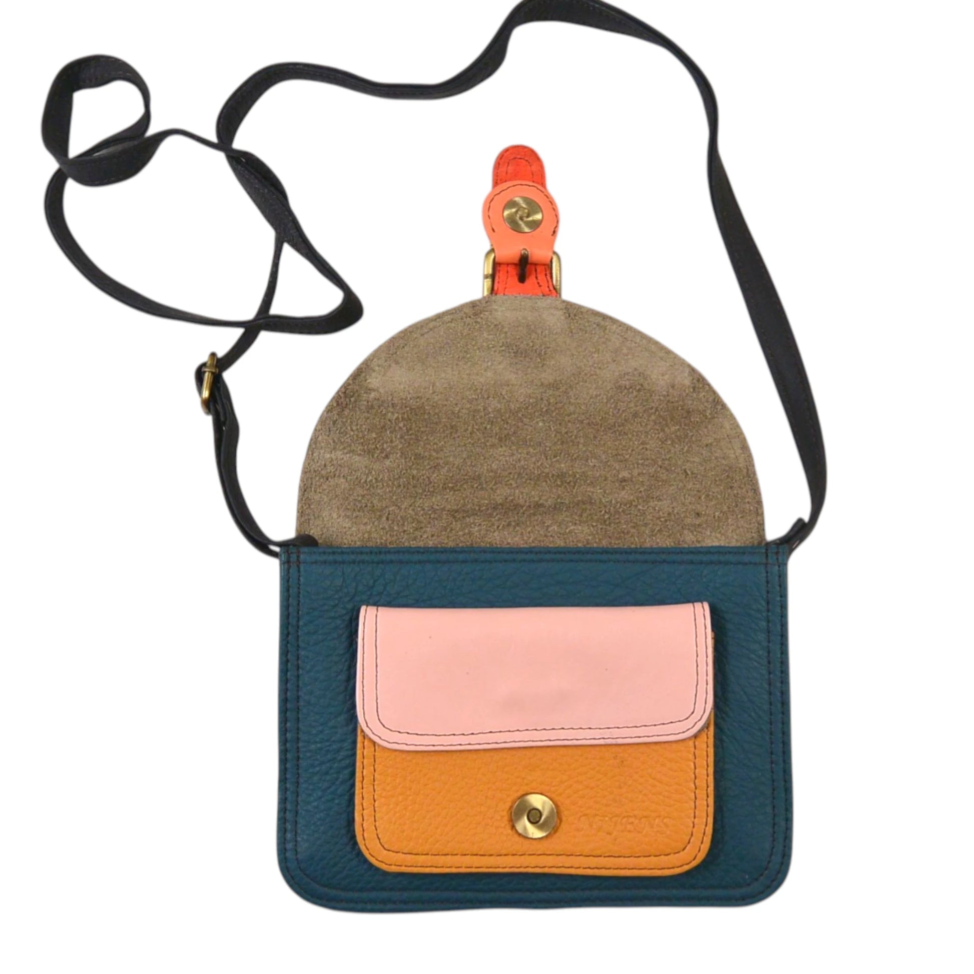 Kleine bunte Leder Umhängetasche mit farbigem Leder in Dunkelblau, Oange, Rosa und Rot sowie verstellbarem Schulterriemen.