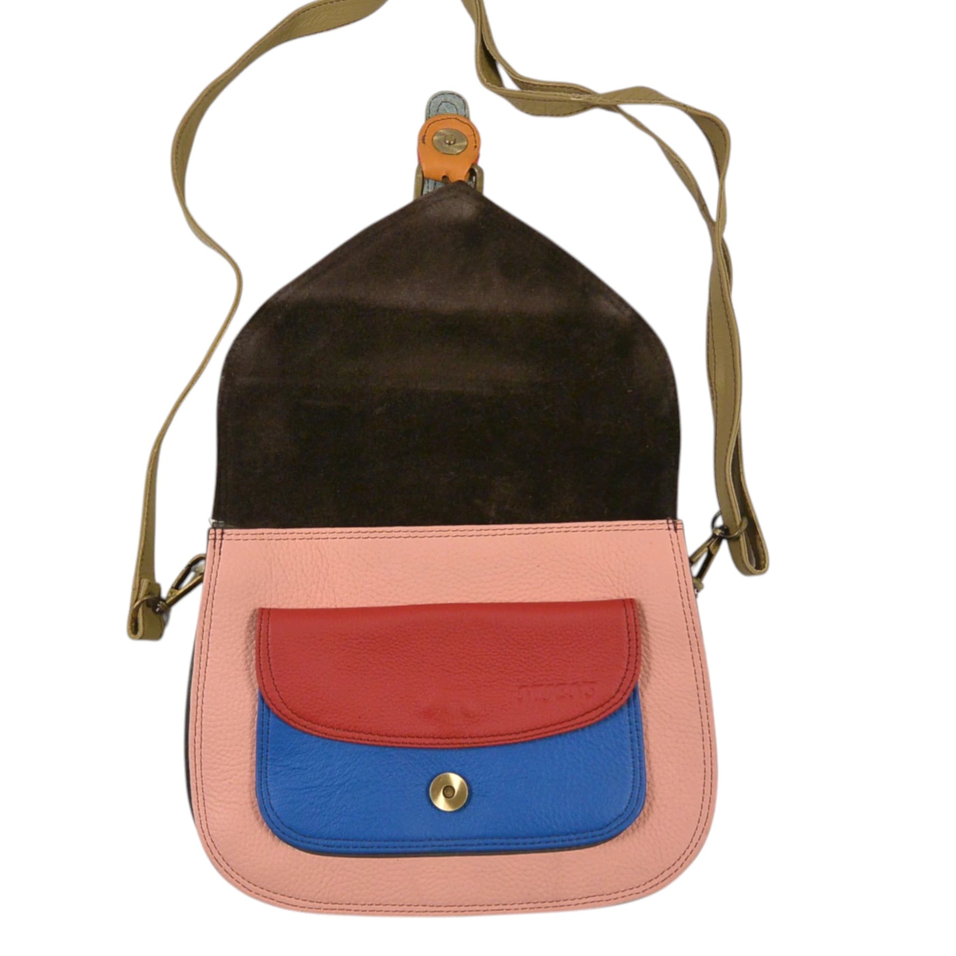Bunte Leder Umhängetasche mit farbigem Leder in Rosa, Rot und Blau sowie verstellbarem Schulterriemen.