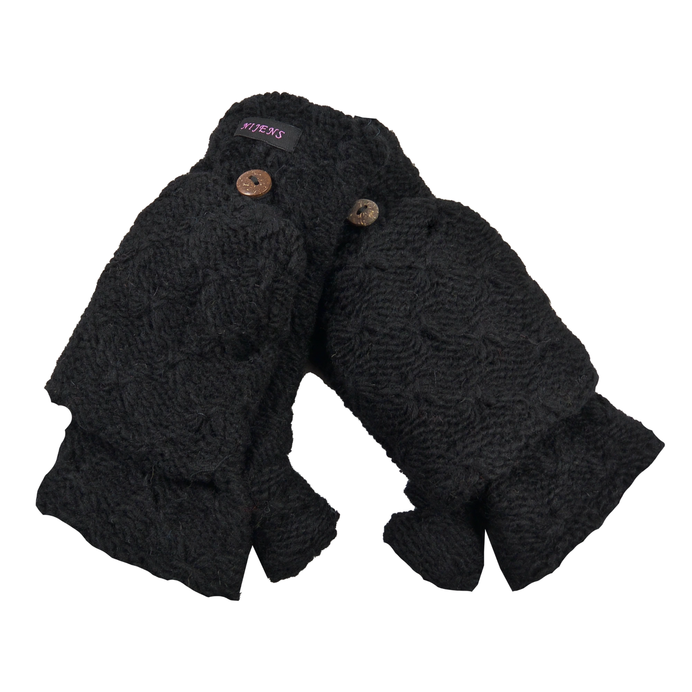 Handschuhe, Fäustlinge aus Schurwolle Schwarz mit Strickmuster können in halblangen Fingerhandschuh umgewandelt werden. 