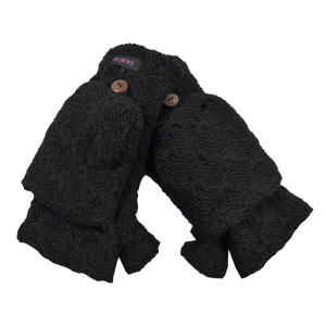 Handschuhe, Fäustlinge aus Schurwolle Schwarz mit Strickmuster können in halblangen Fingerhandschuh umgewandelt werden. 