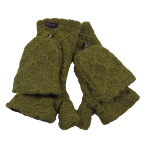 Handschuhe, Fäustlinge aus Schurwolle Hellgrün mit Strickmuster können in halblangen Fingerhandschuh umgewandelt werden.