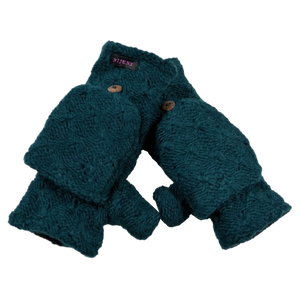 Handschuhe, Fäustlinge aus Schurwolle Tiefseegrün mit Strickmuster können in halblangen Fingerhandschuh umgewandelt werden.