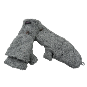 Handschuhe, Fäustlinge aus Schurwolle Grau mit Schtrickmuster. Innenfutter ist aus Fleece.