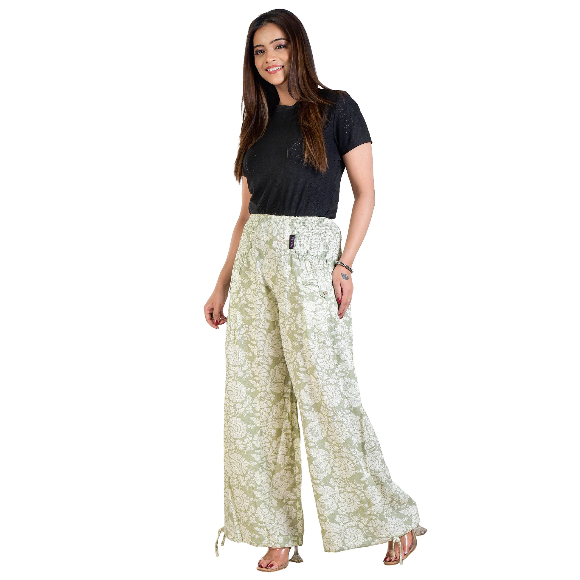Bequeme Hose für Damen aus Viskose mit olivgrünem Ethno-Blumenprint und Seitentaschen