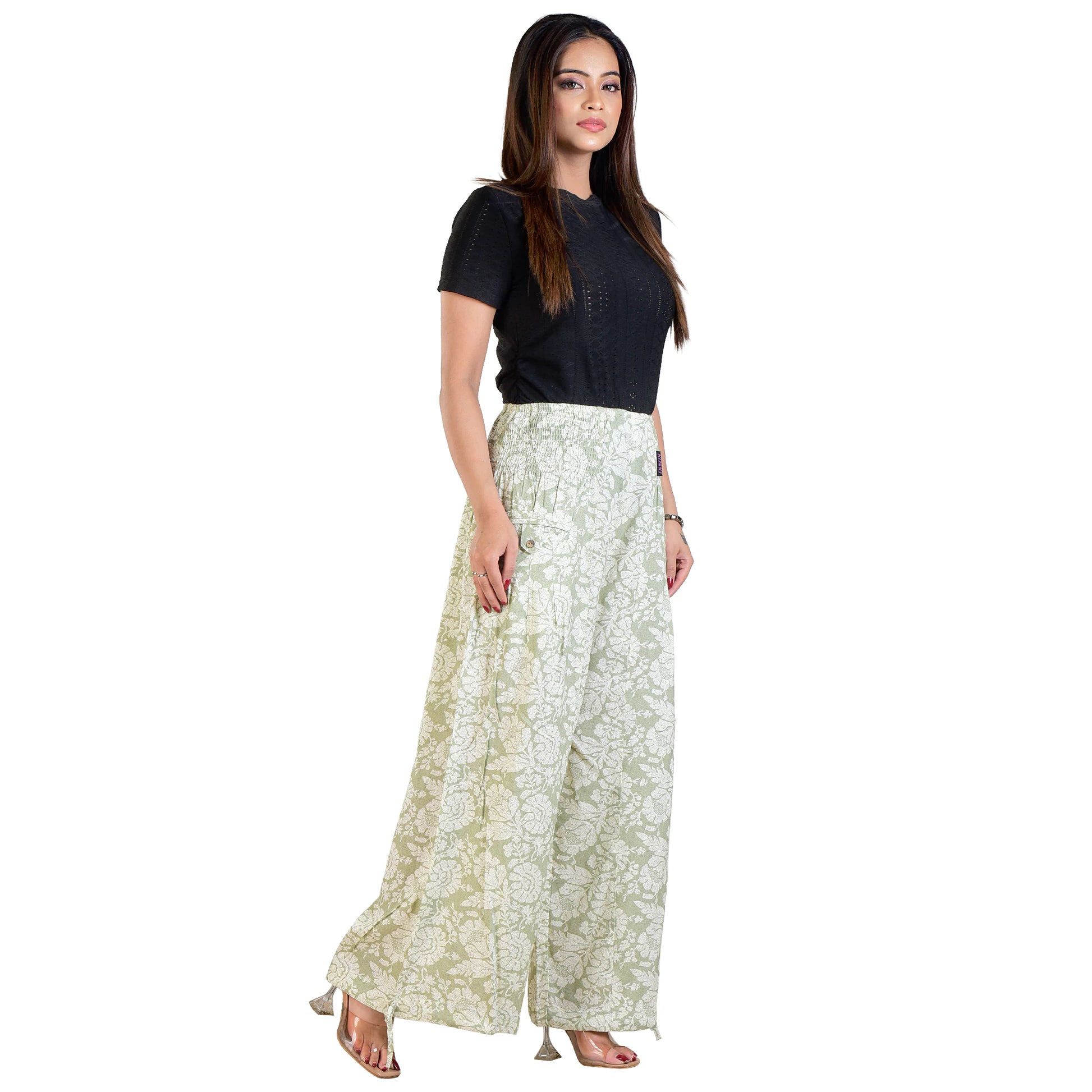 Sommerhose für Damen aus Viskose mit olivgrünem Ethno-Blumenprint und Seitentaschen
