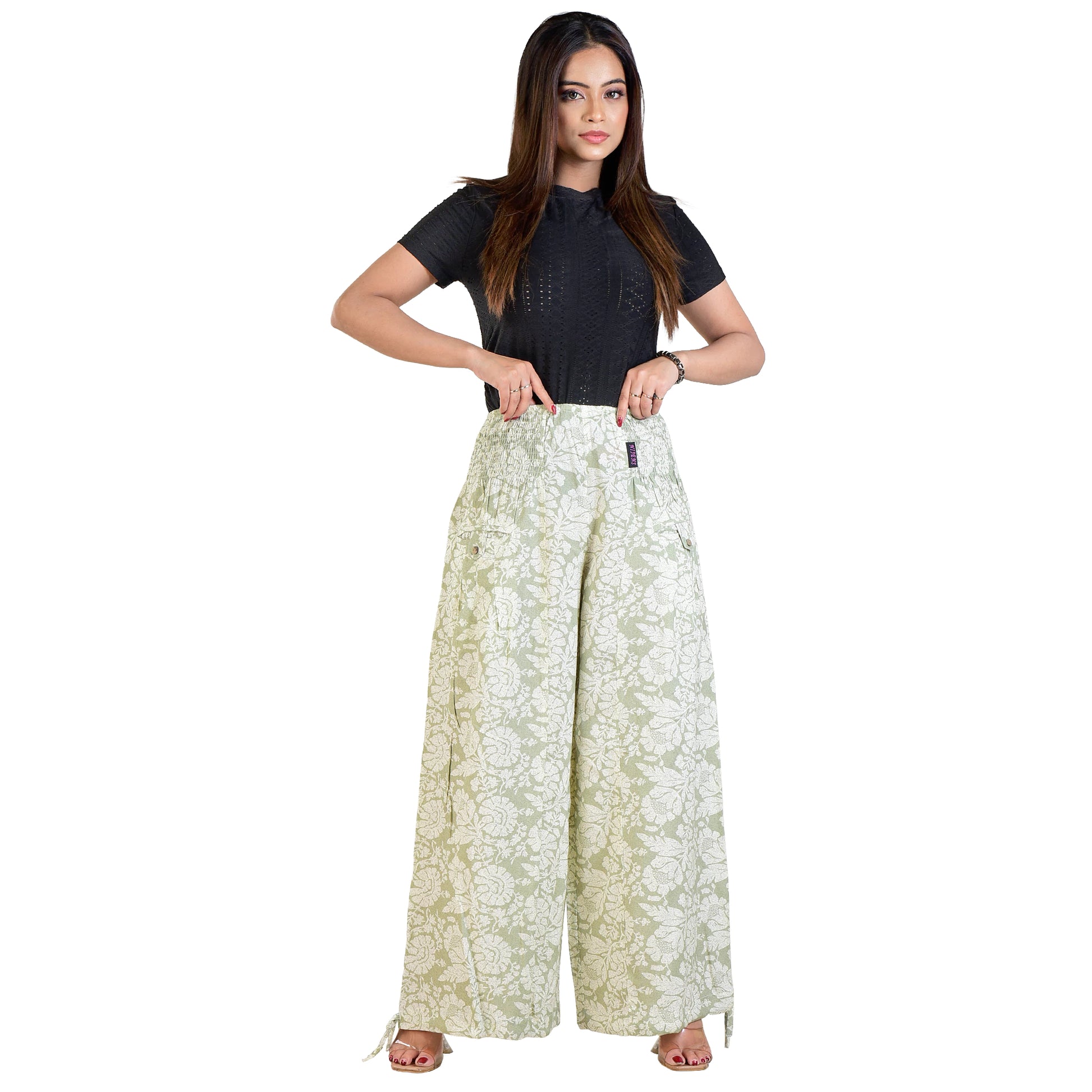 Bequeme Sommerhose für Damen aus Viskose mit olivgrünem Ethno-Blumenprint und Seitentaschen
