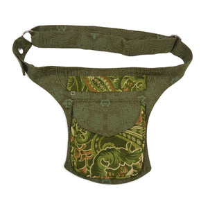 Gürteltasche, Bauchtasche aus Baumwollstoff mit floralen Ornamenten in Grün.