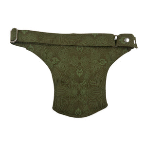 Hinteransicht: Gürteltasche, Bauchtasche aus Baumwollstoff mit floralen Ornamenten in Grün.