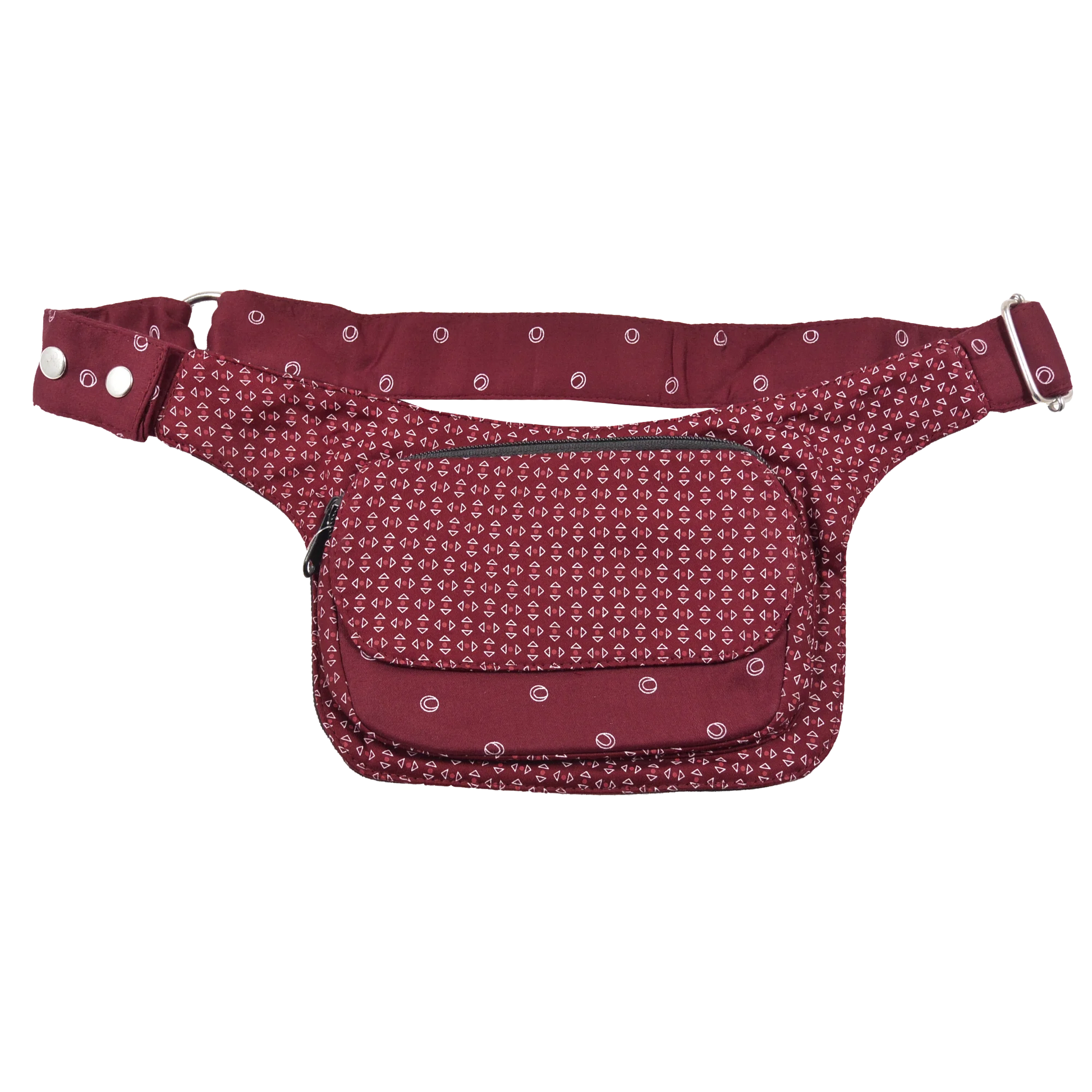 Gassi-Tasche, Bauchtasche aus Baumwolle Bordeaux Rot mit Mustermix und wasserabweisendem Innenraum. Sie besitzt ein Reißverschlussfach auf der Rückseite sowie eine Reißverschluss und Einsteckfach vorne.