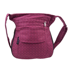 Kleine Umhängetasche mit zweiseitigem Design Muster/Anker aus Baumwollstoff Magenta. Auf beiden Seiten befinden sich zwei Reißverschlussfächer und ein Einsteckfach.