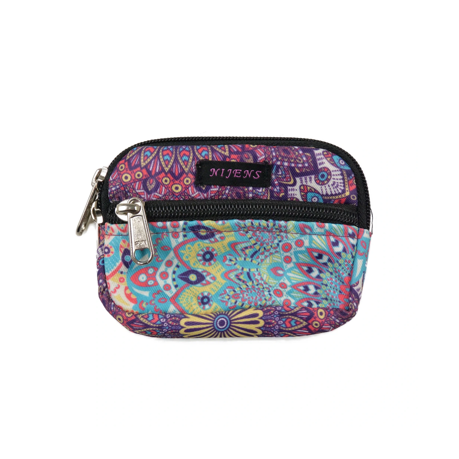 Kleine Beuteltasche für den Gürtel, bunt mit Mandala-Print und zwei separaten Reißverschlussfächern.