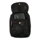 Beuteltasche Baumwolle, schwarz mit floralem Muster und zwei Gürtelschlaufen zum Anbringen an Gürtel mit Einsteckfach vorne.